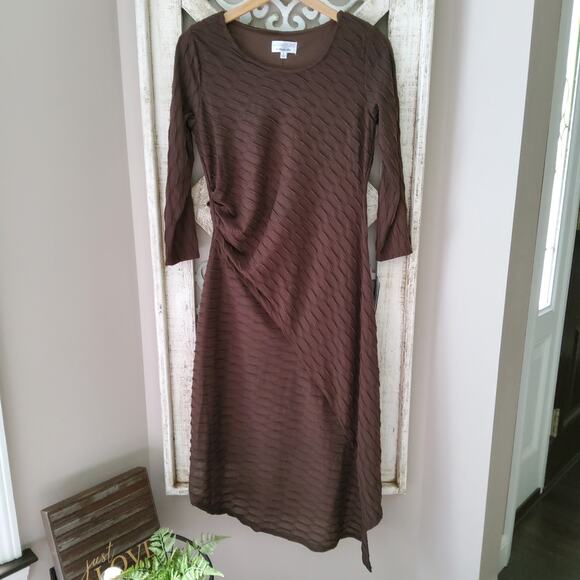 Signature Robbie Bee Long Sleeve Asymmetric Ruched Knit Midi A-Line Dress Brown - Picture 4 of 6